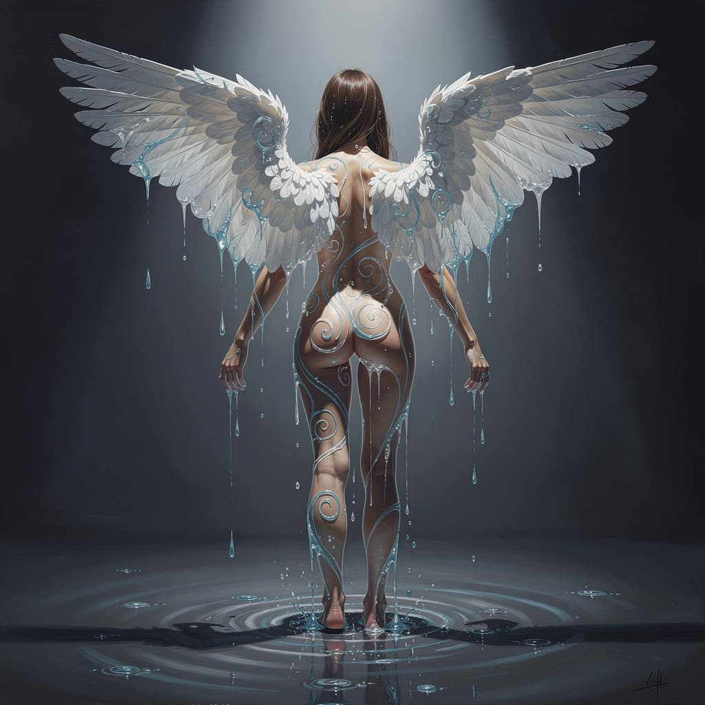 AI generated: female body with 2 large white feathered angel wings on her back spread out as if to fly, oil meltin...