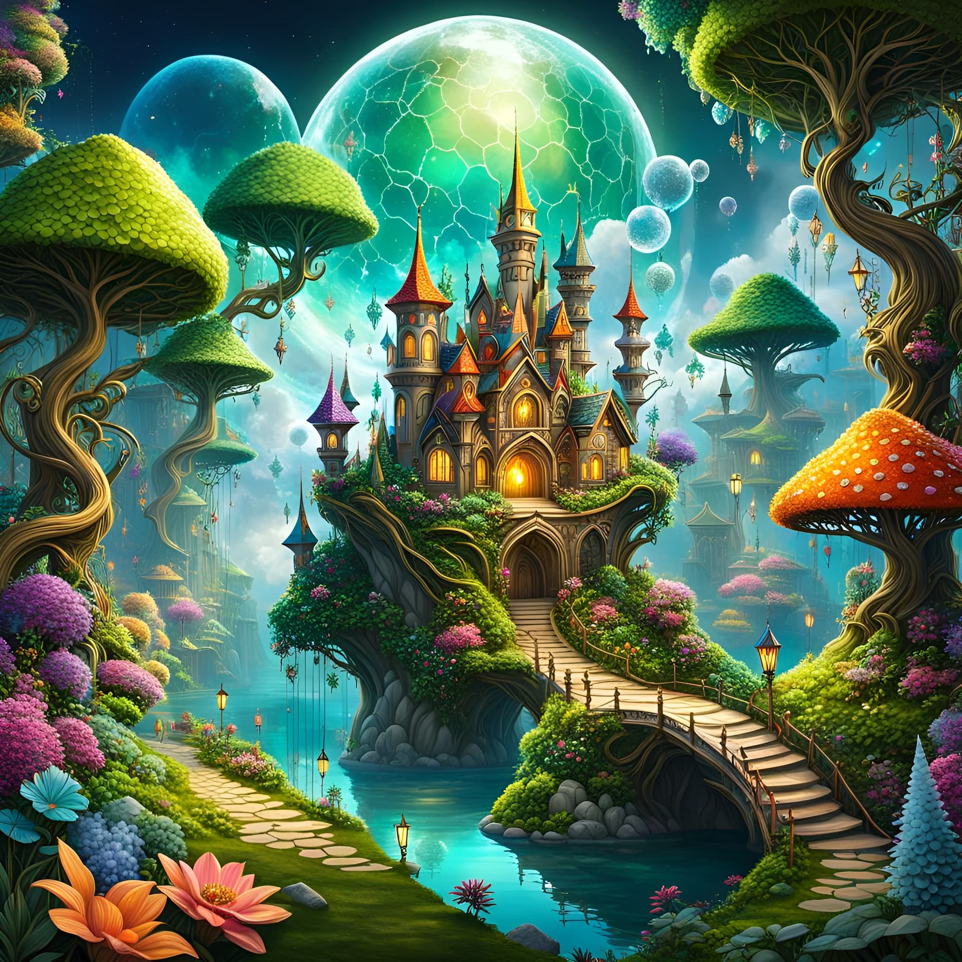AI generated: A vibrant, colorful floating city, clouds above a beautiful, enchanted landscape filled with whimsic...