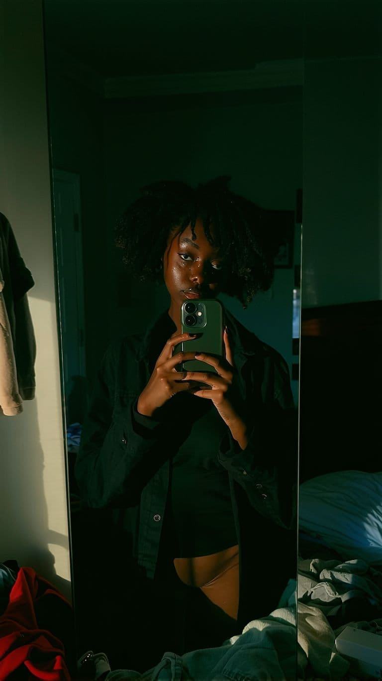 AI generated:  African American woman stands in front of a mirror, capturing a selfie. The image quality is grainy...