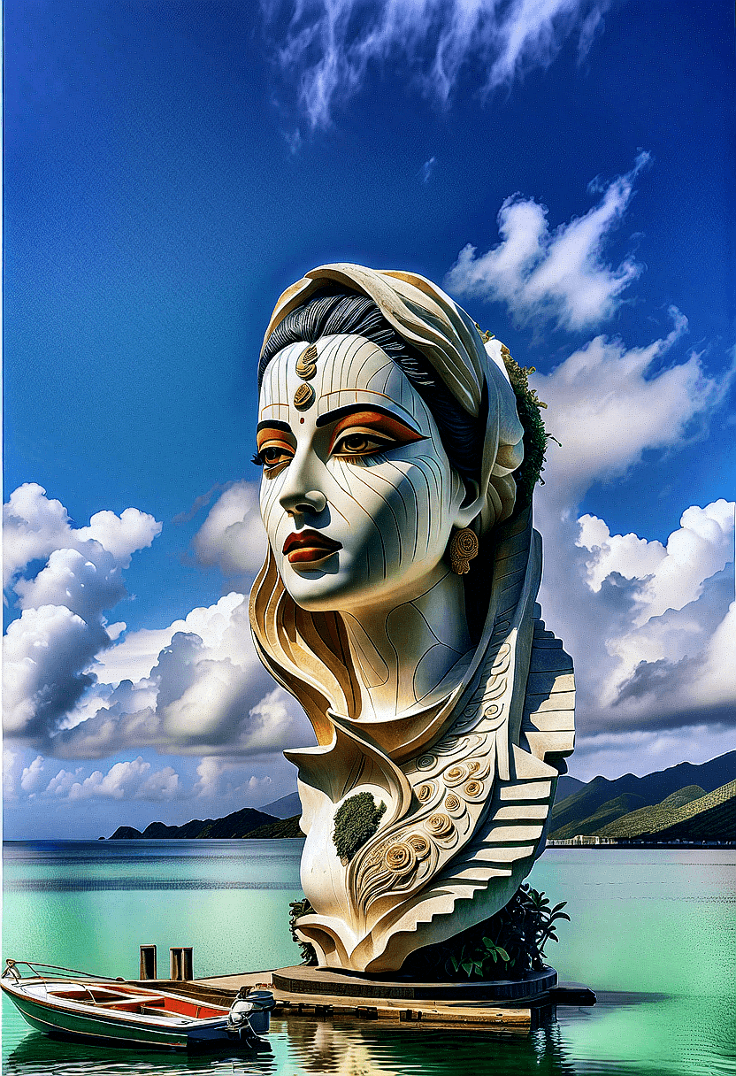 AI generated: The sculpture features a big marbel stone with a face of a beautiful iranian woman carved on the mar...