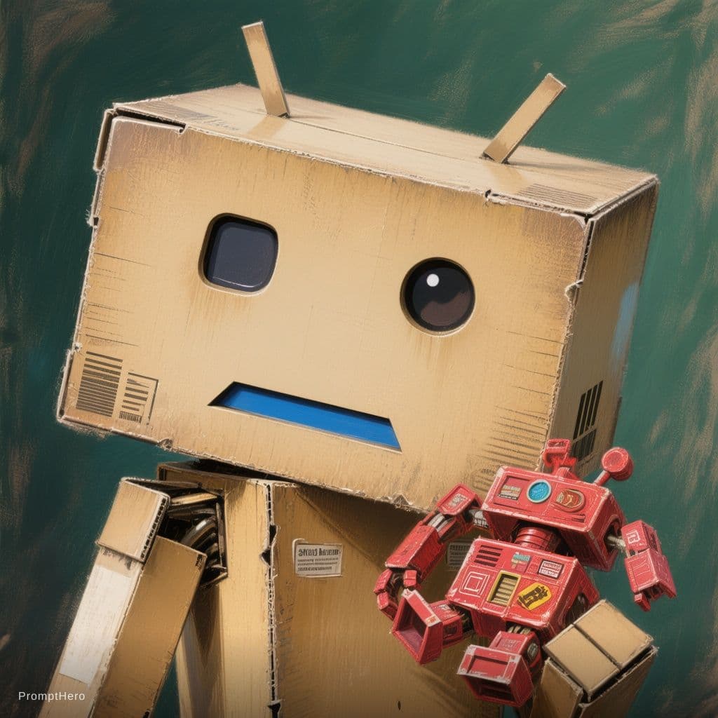 AI generated: A robot made of cardboard in natural light brown color, with antennas, prism-shaped body and head, b...