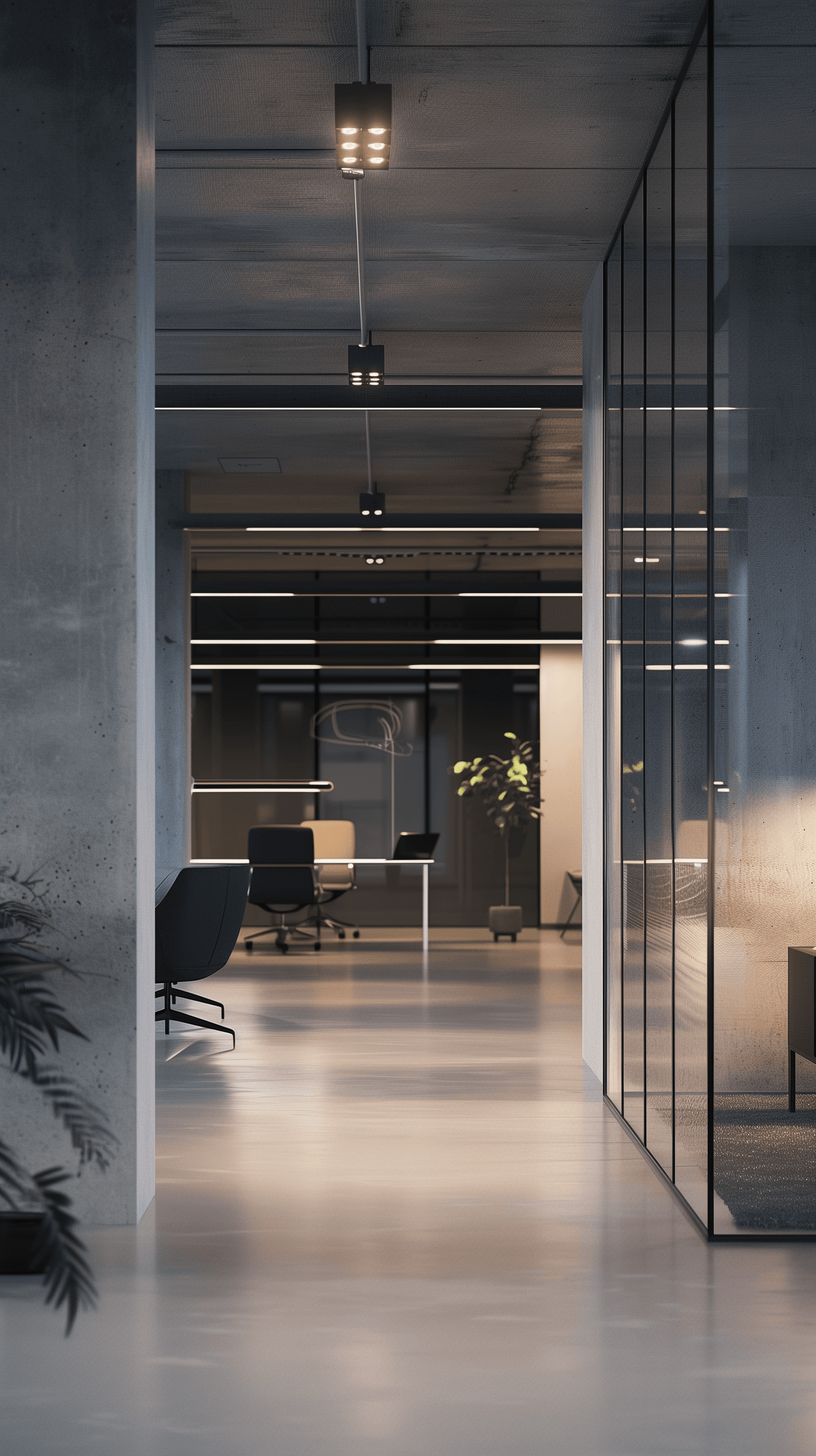 AI generated: photography, ultra-modern office interior, minimalist in design, illuminated by sleek embedded LED l...