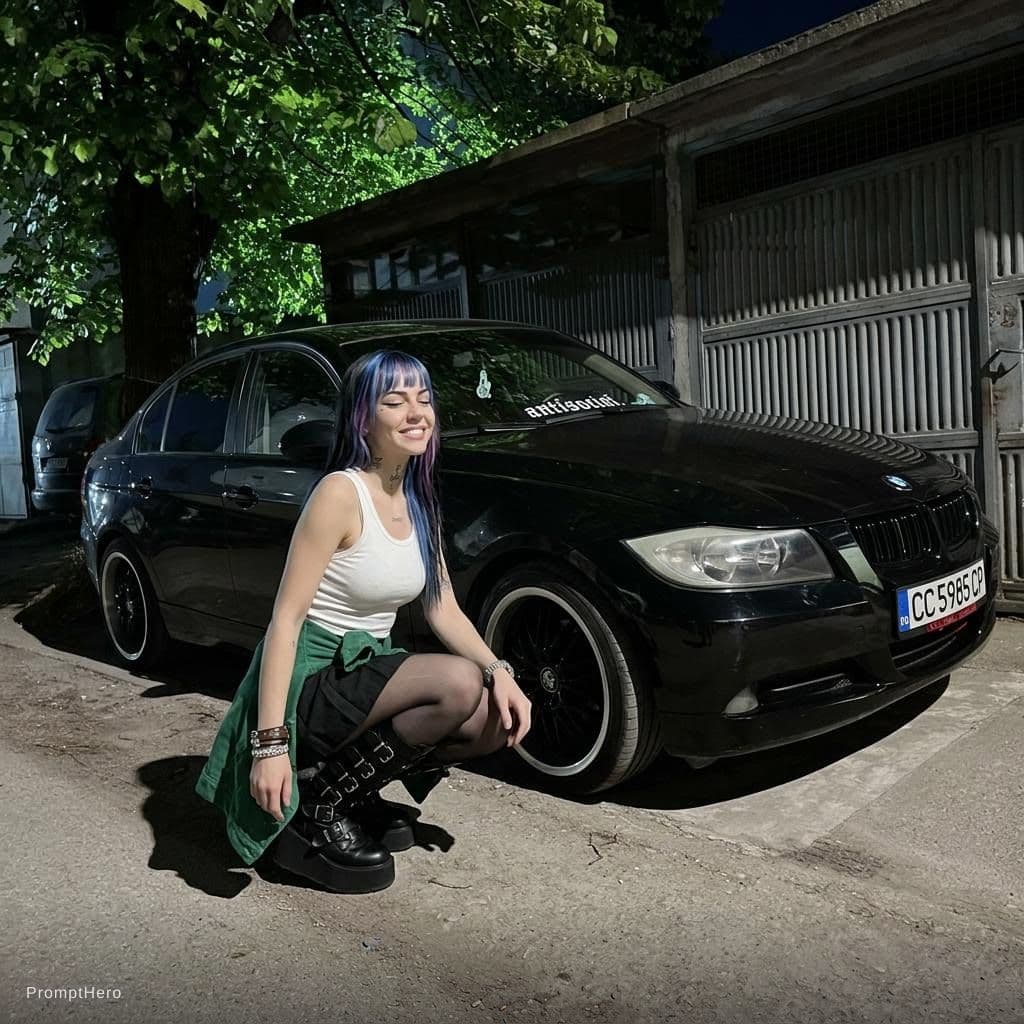 AI generated: make the stand next to the front wheel squatted. she's wearing a nice green jacket around the waist,...