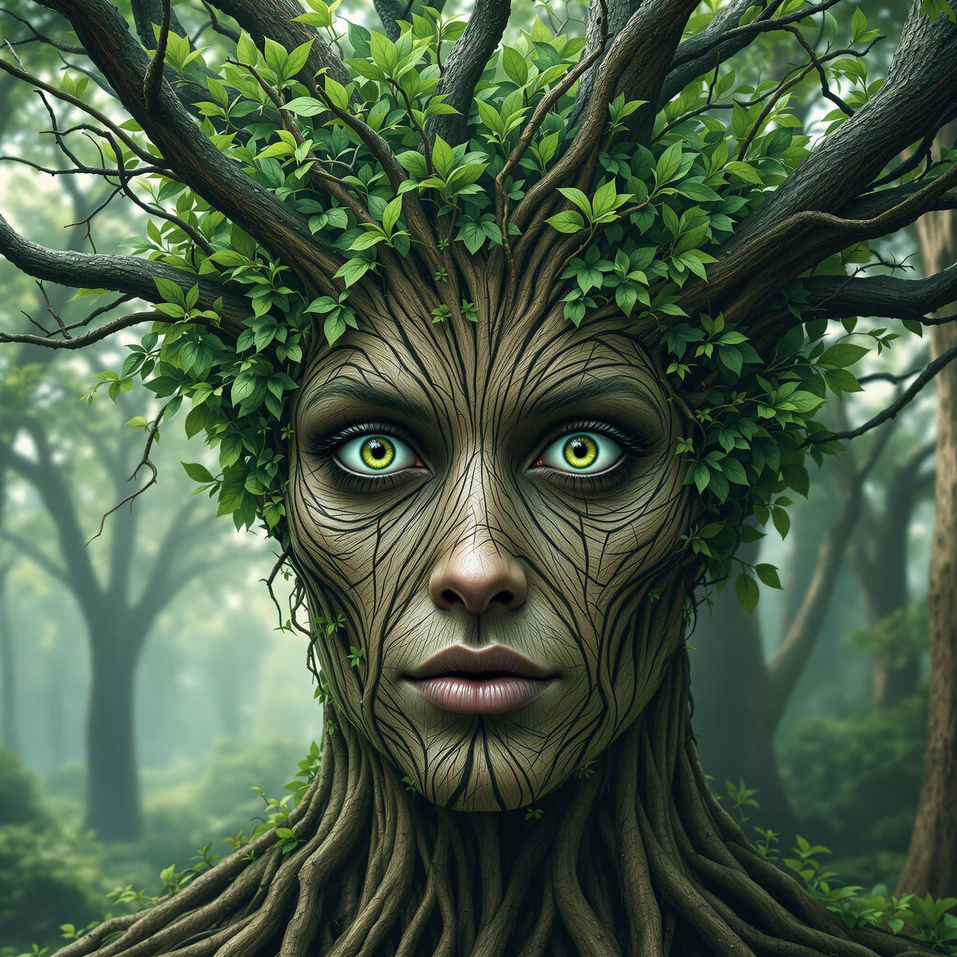 AI generated: Create an image depicting an "arbomorph" face, where human facial features blend seamlessly with ele...