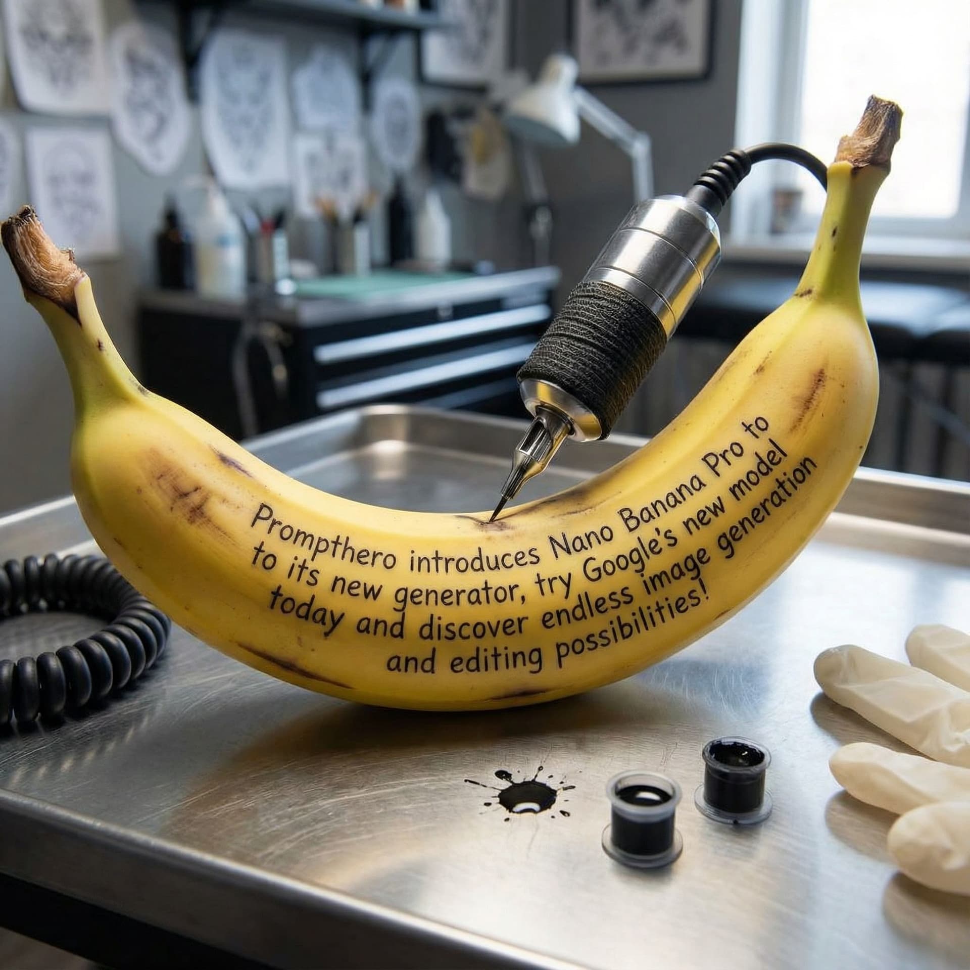AI generated: Write on a Banana using a Tattooing machine the following text:

Prompthero introduces Nano Banana P...