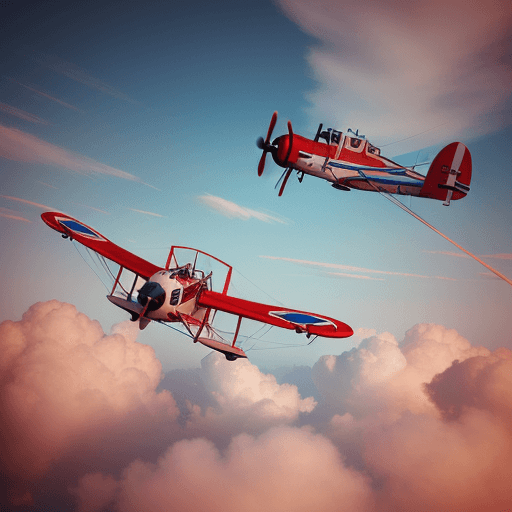AI generated: A red with white line biplane fliying in the blue sky and colorful clouds, brightly day, intricate a...