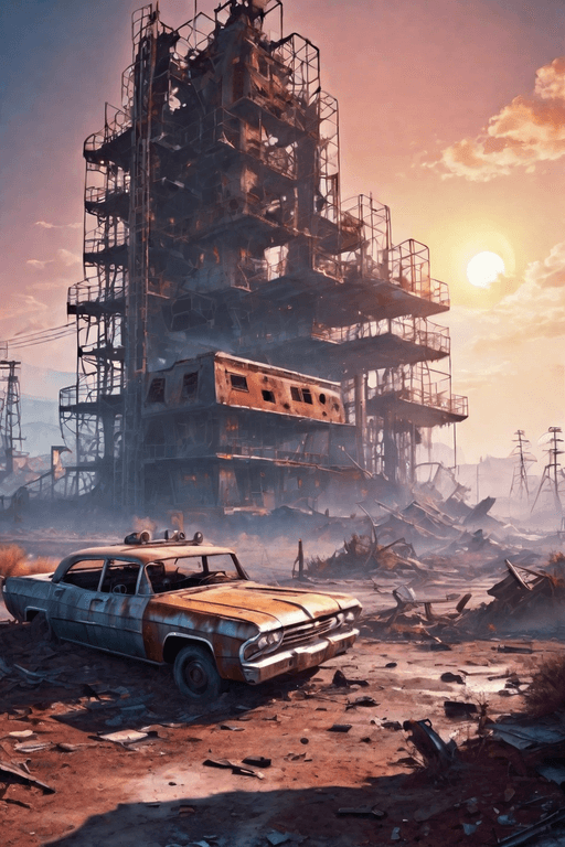 AI generated: Atompunk, destroyed Landscape , shiny,high detailed,photorealism,retrofuturistic design 1960,from th...