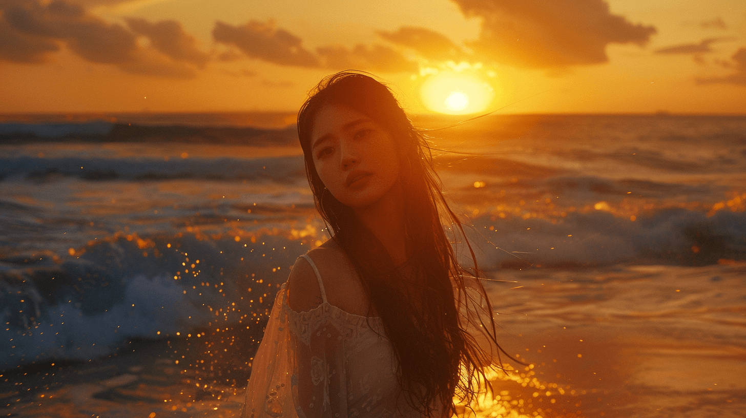 AI generated: korean girl in the beach, beautiful sunset, cozy light, fujifilm