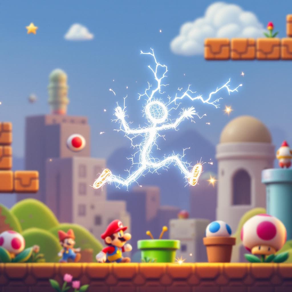 AI generated: a stick man made out of electricity sparks dancing in a mario bothers 2d environment. the background...