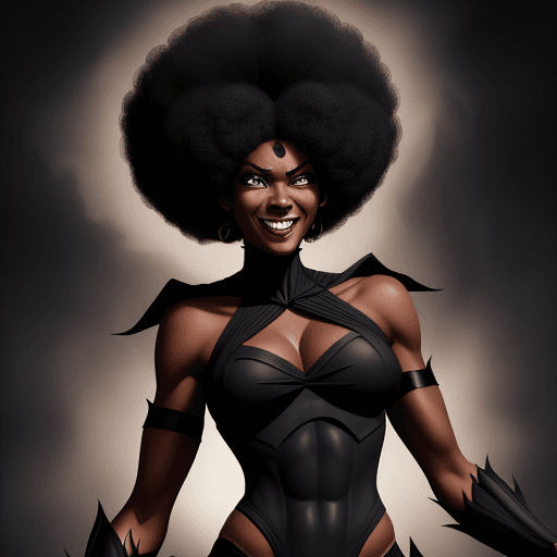 AI generated: a 6 foot tall fit black girl  with abs and an afro,  hairstyle,smiling, wearing a dark villainess co...