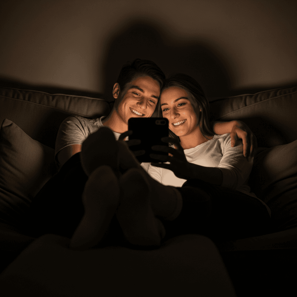 AI generated: Romantic iPhone full faceselfie,a sloppy snapshot. on a couch at night (no lights, wearing a top and...