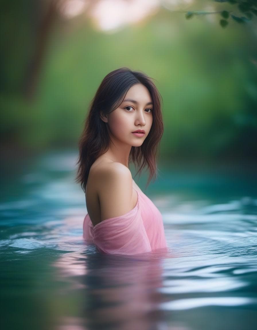 AI generated: Cute female bathing on a river by the woods, submerged, with blue eyes, pink wet hair, depth of fiel...