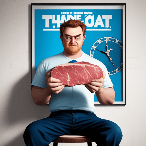 AI generated: A cartoon poster - a piece of T-Bone stick meat that has a personality - this meat is sitting on a c...