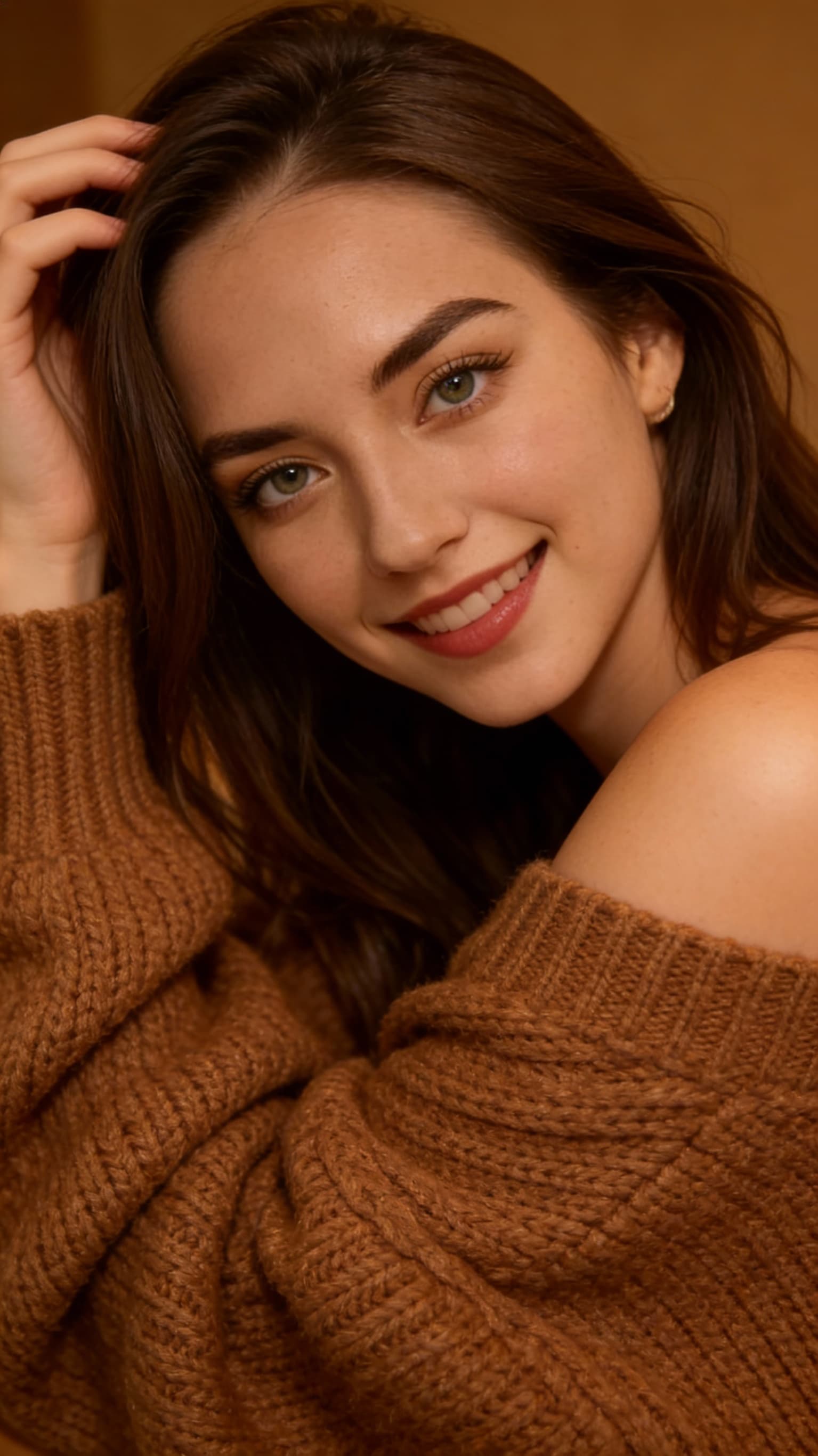 AI generated: She is wearing an off-shoulder oversized brown knit sweater. She gazes softly toward the camera, sli...