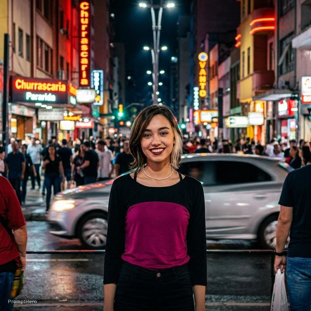 AI generated: A cinematic portrait of a woman in the photo smiling, standing in a busy street of São Paulo at nigh...