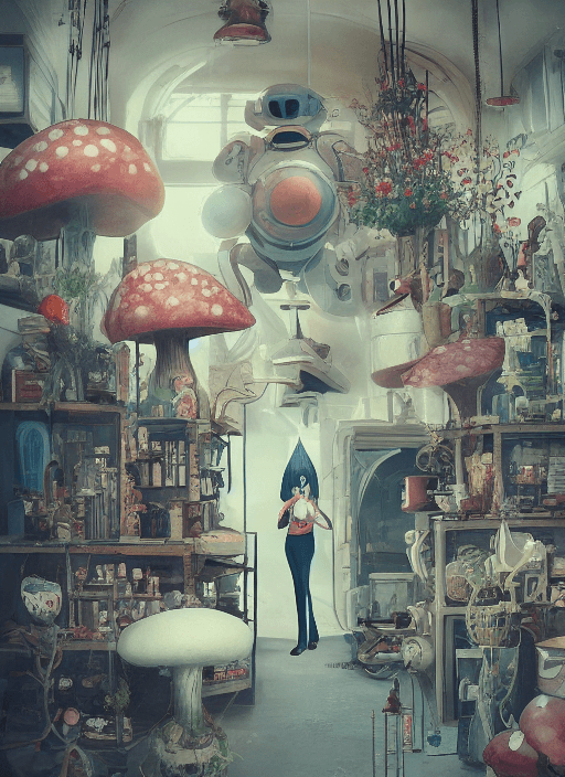 AI generated: she works at a lively and whimsical dark apothecary, cinematic framing, where chrome robots shop gro...
