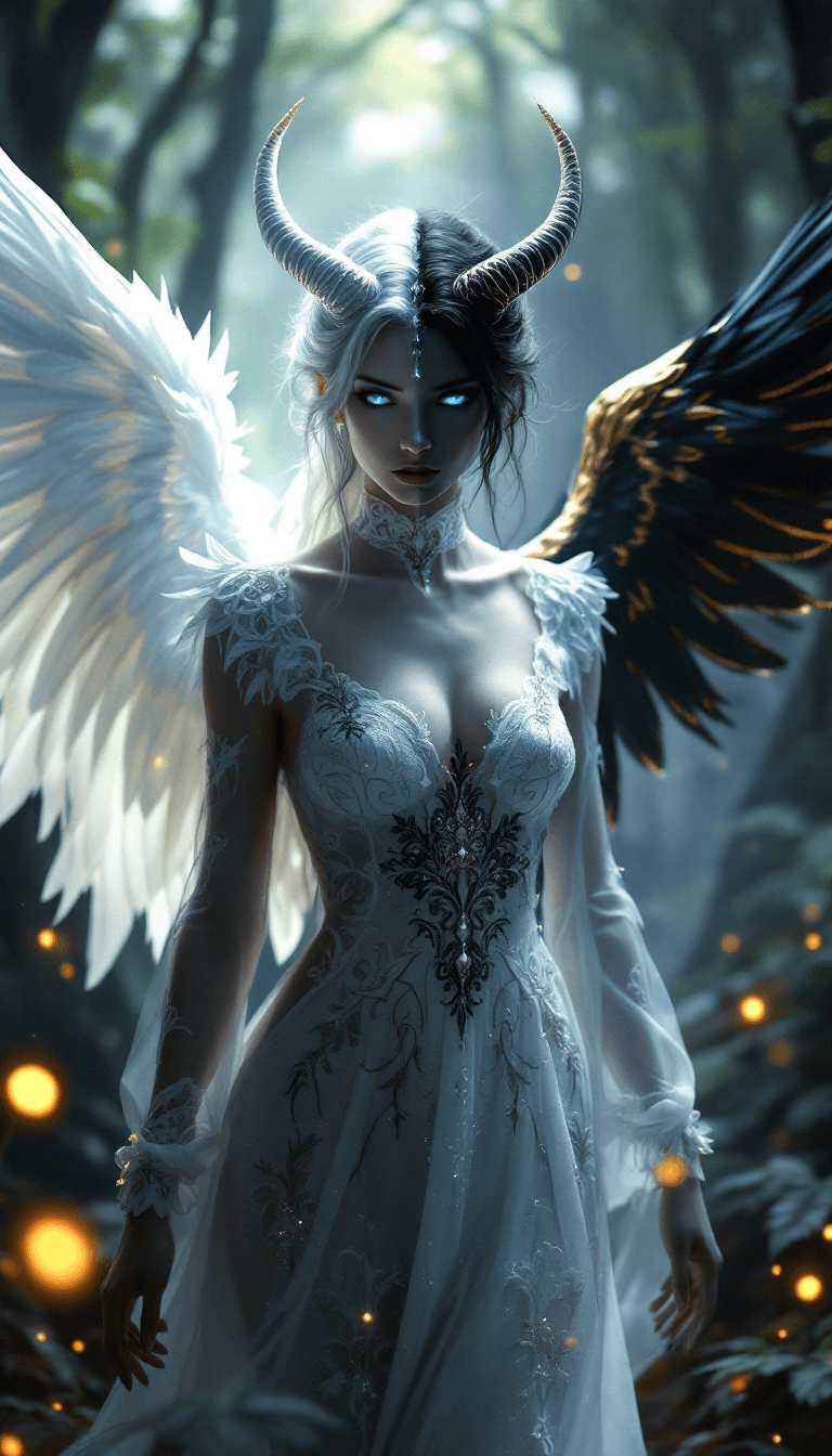 AI generated: Ultra-high resolution, Hyper-detailed fantasy artwork, A striking duality angel with contrasting the...