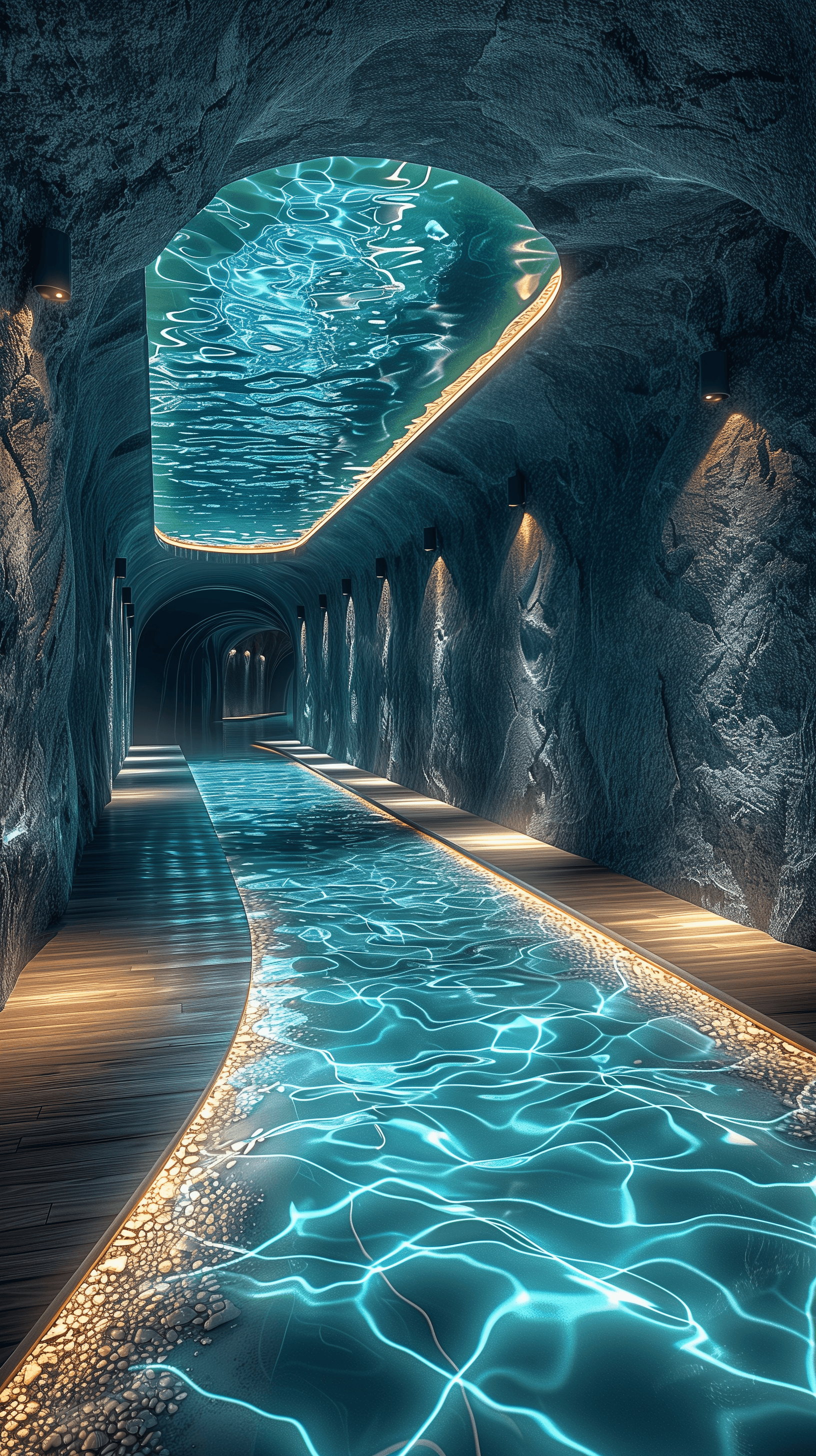 AI generated: photography, a long hallway submerged under a calm ocean, walls and ceiling in a vibrant turquoise c...