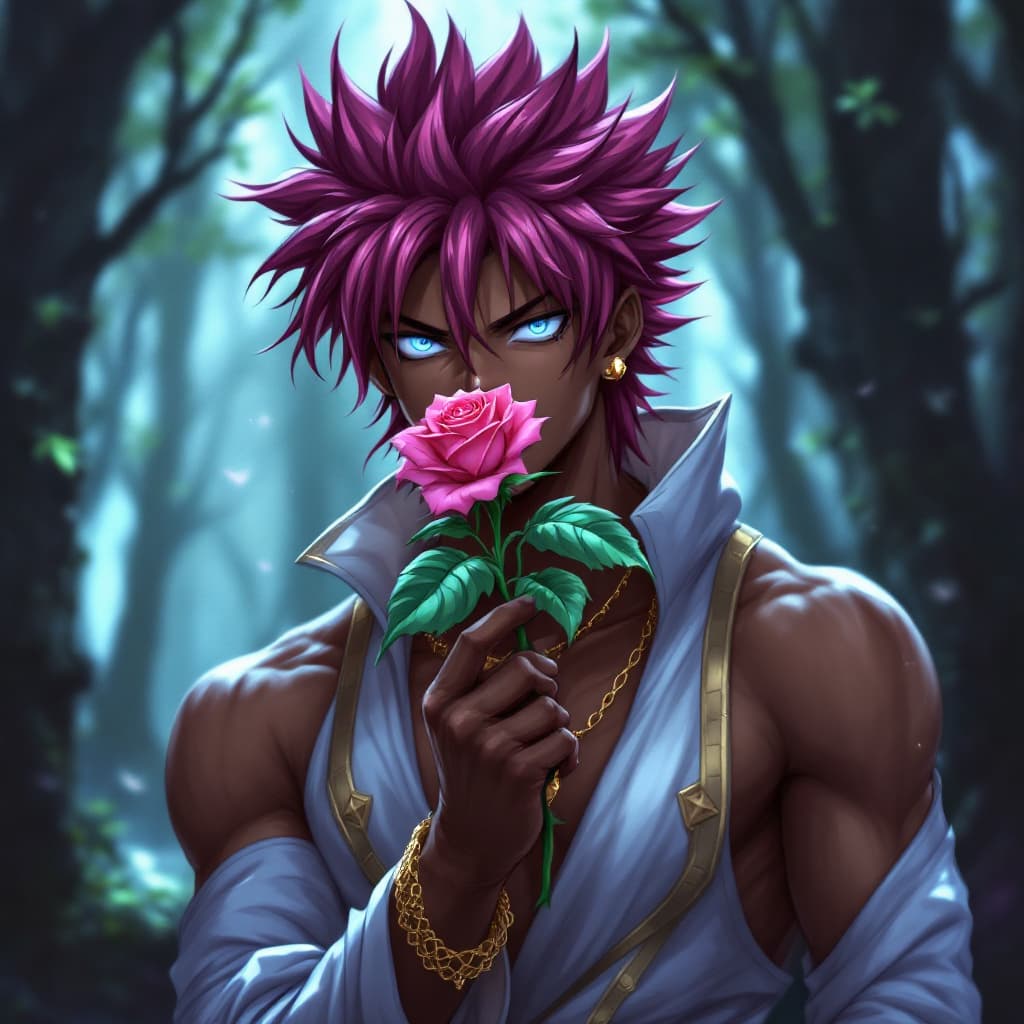 AI generated: a black male fairy tail hold a pink rose with background fantasy