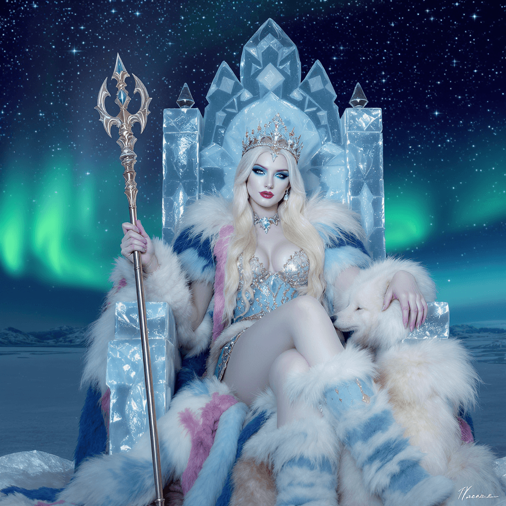 AI generated: 4K, magazine photo shoot quality image of a beautiful 23-year-old platinum blonde ice queen with bea...