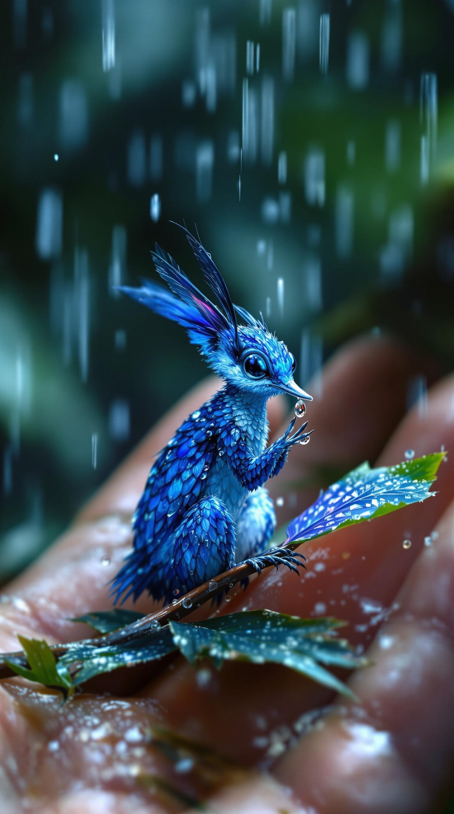AI generated: blue theme Kolibri sitting in the palm of my hand and drinks water from a blue leaf, very beautiful ...