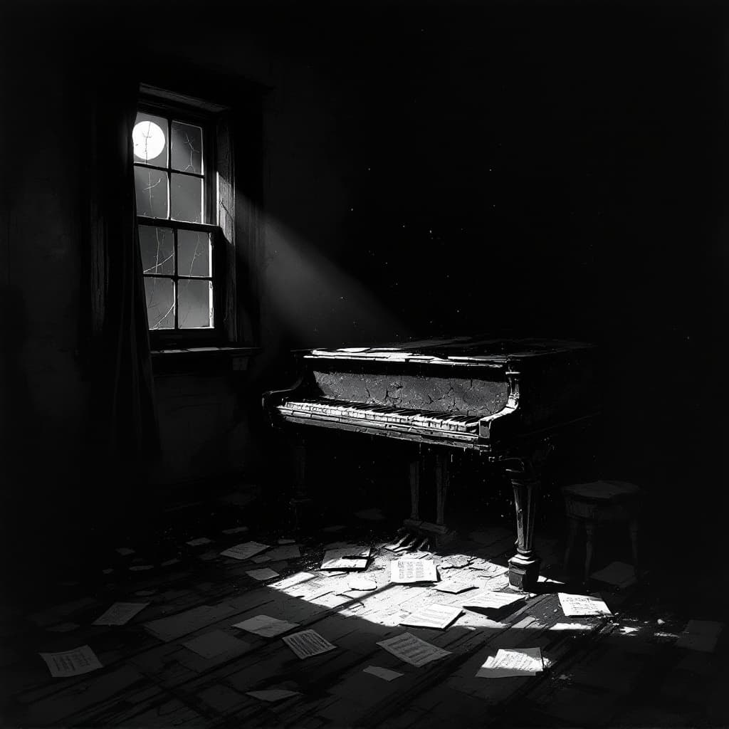 AI generated: illustration of A desolate, dimly-lit room with an old, broken piano sitting in the center. The pian...