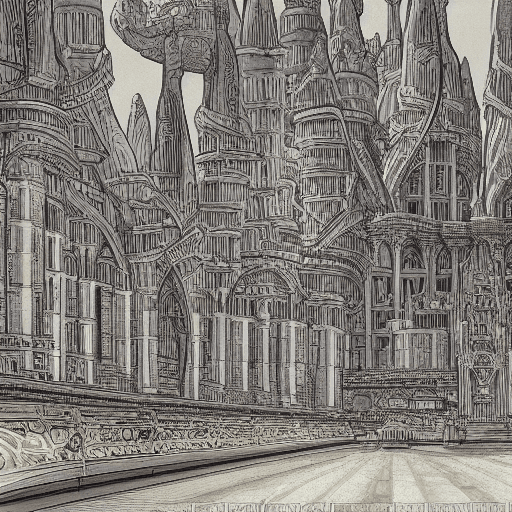 AI generated: wide shot, full page scan of monumental lustrous futuristic castle, detailed concept art, city,art n...