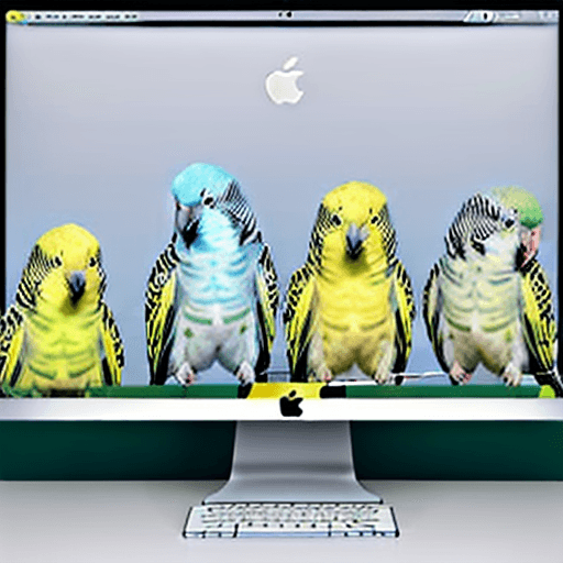 AI generated: 4 budgie parakeets, sitting on top of a mac monitor border edge. One budgie is all white, 2nd budge ...