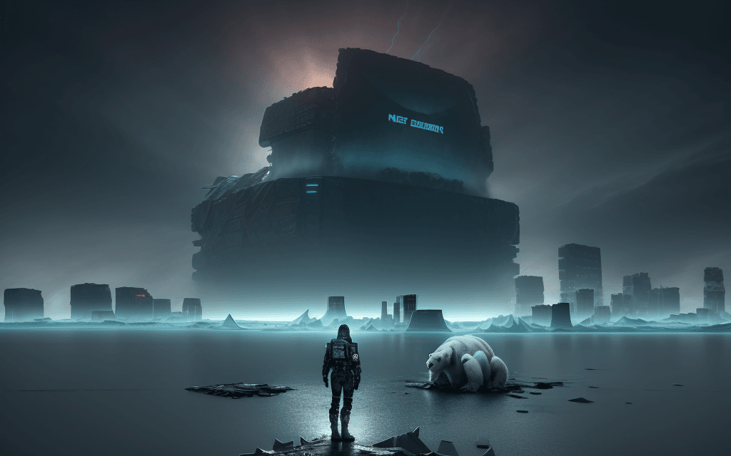 AI generated:  post-apocalyptic landscape, cyberpunk, of a polar bear, standing on a floating iceberg, in front of...