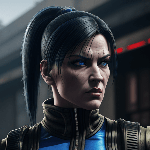 AI generated: Mortal Kombat Sonya Blade, military uniform outfit, cyberpunk, outdoor, street, royal blue, hyperrea...