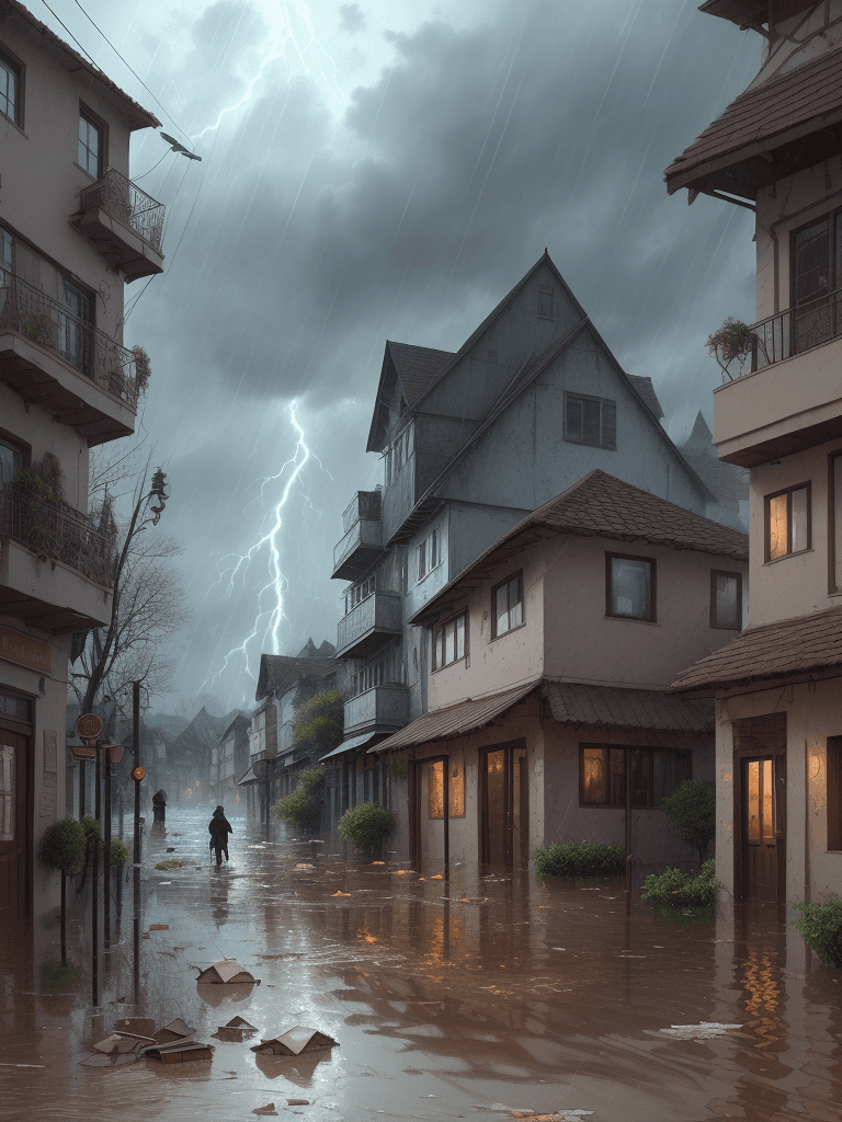 AI generated: A storm and flooding of a village corner,flood,
rain,
litter,intricate detail,masterpiece, handmade,...