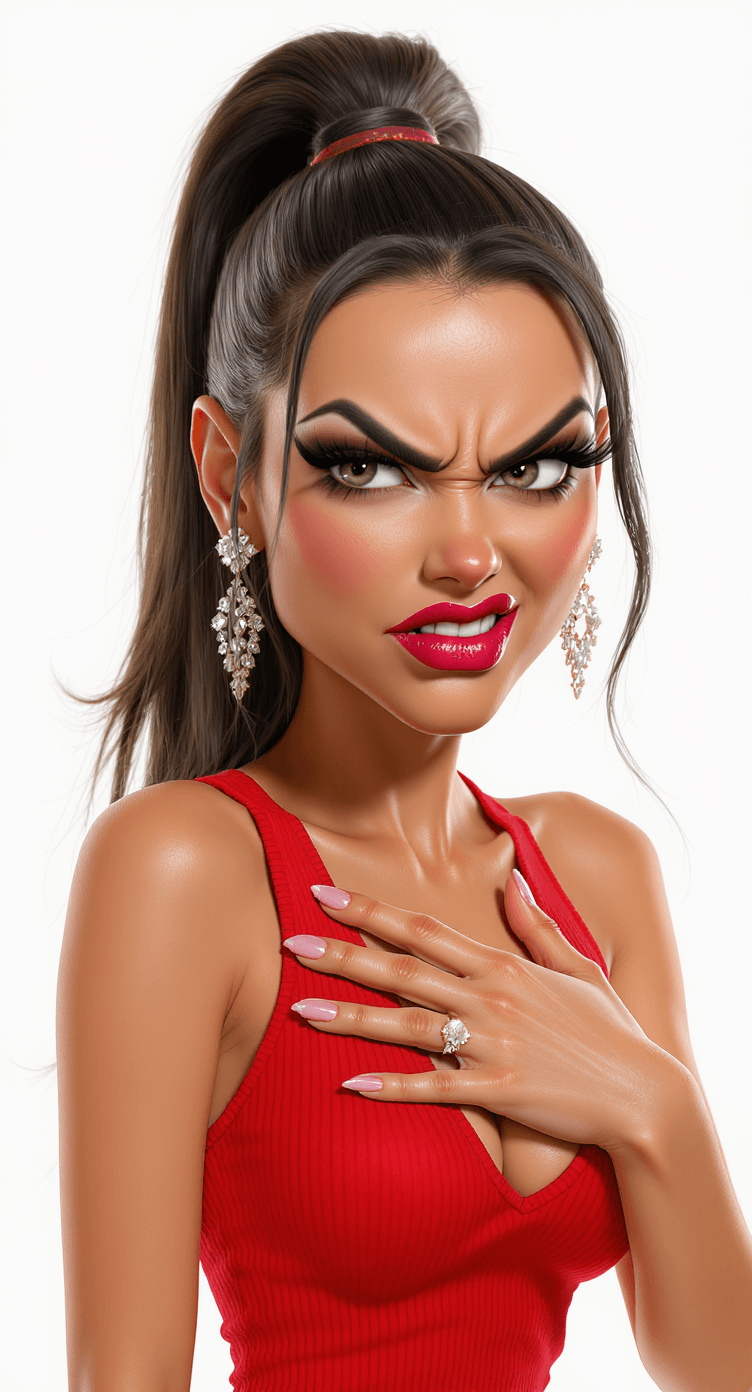 AI generated: Create a hyper-stylized 3D render of a glamorous 35-year-old woman in a caricature art style. She di...