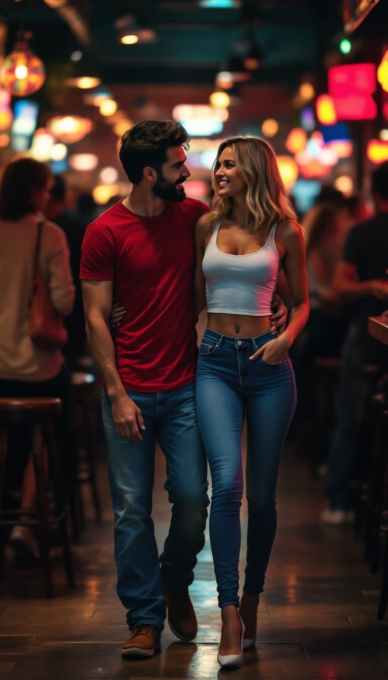 AI generated: A beautiful couple (Ana and Mike) walking in a crowded local bar. Mike (handsome man, fashion model,...
