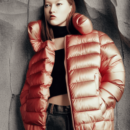 AI generated: well lit fashion shoot portrait of extremely beautiful female wearing massively over size puffer jac...