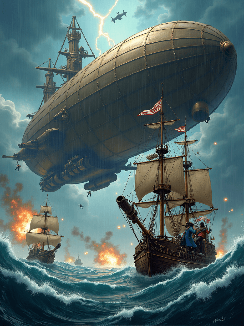 AI generated: A dramatic steampunk fantasy scene in which a Hornblower-era Royal Navy frigate battles a massive, m...