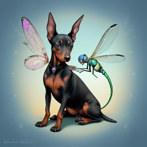 AI generated: the Doberman baby, drawn to its joyful energy. A friendly dragonfly companion, with opalescent wings...
