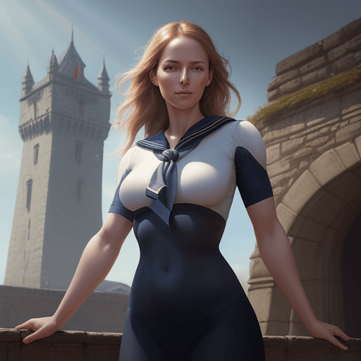 AI generated: Modern digital portrait of a sailor woman  in a tight-fitting work outfit, with a slight smile, intr...