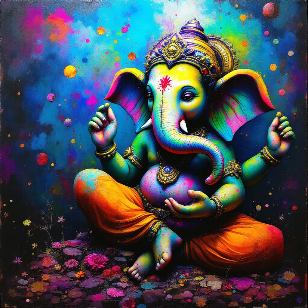 AI generated: Mixed media artwork + Proud Ganesha + age lesions as a storytelling element + In the style of surrea...