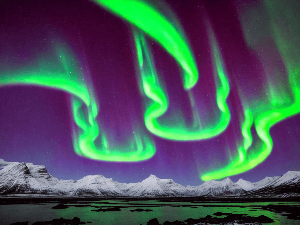 AI generated: A 35mm photography of a highly detailed aurora borealis with snowy mountains in the background, nigh...