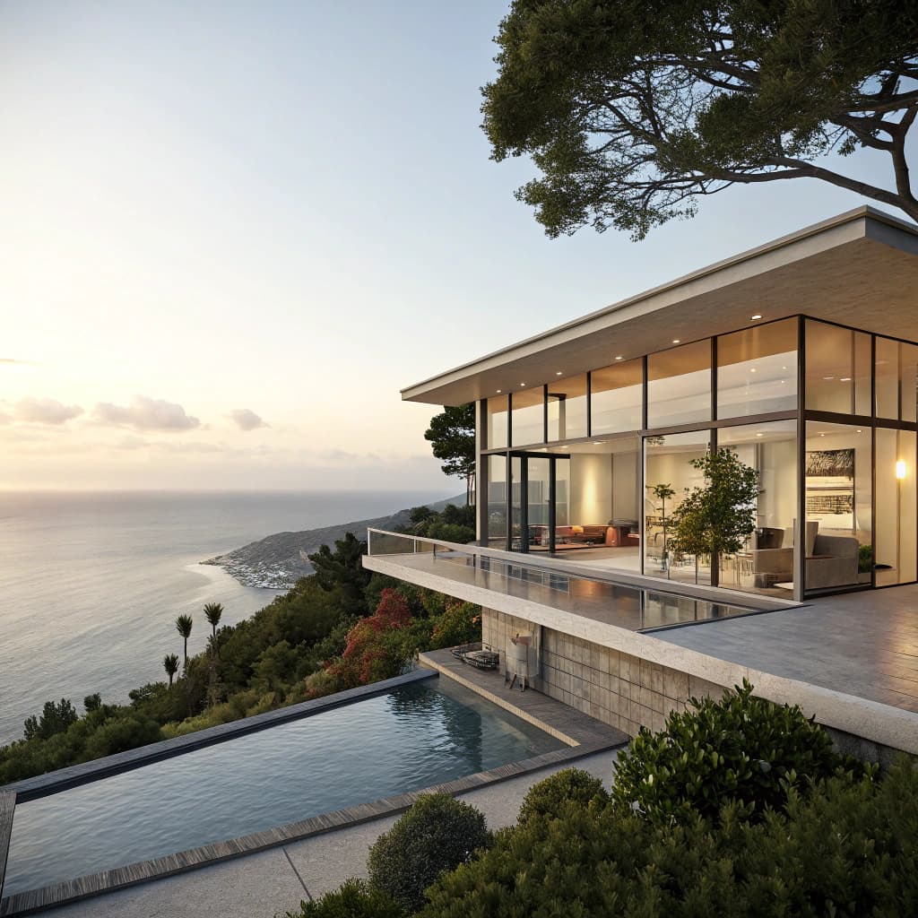AI generated: Hyper realistic eye level exterior photo of a mid century modern style house overlooking the ocean, ...