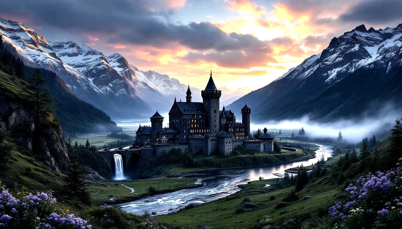 AI generated: A realistic, wide angle, panoramic photo of a German medieval castle hidden in a mountainous forest....