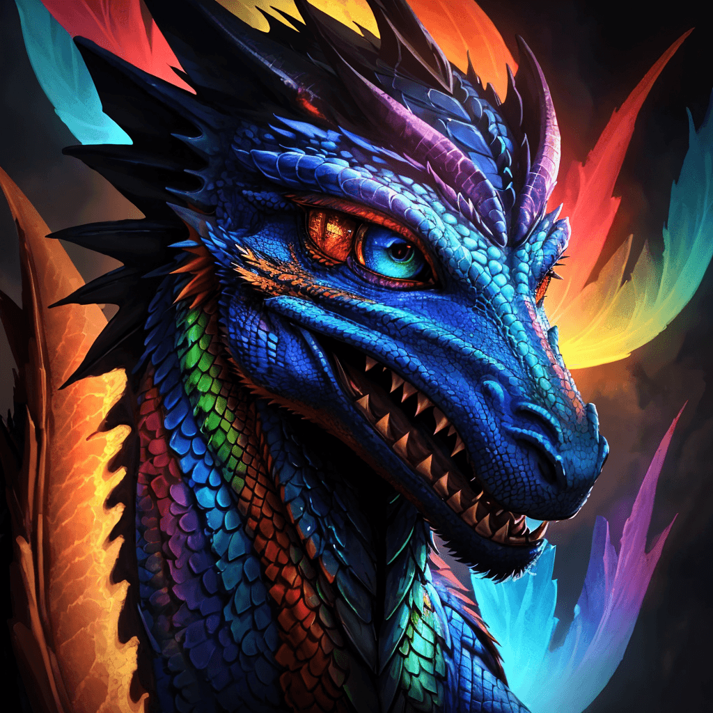 AI generated: A closeup shot of a colorful male dragon, his eyes gleaming with intelligence as he gazes at the vie...