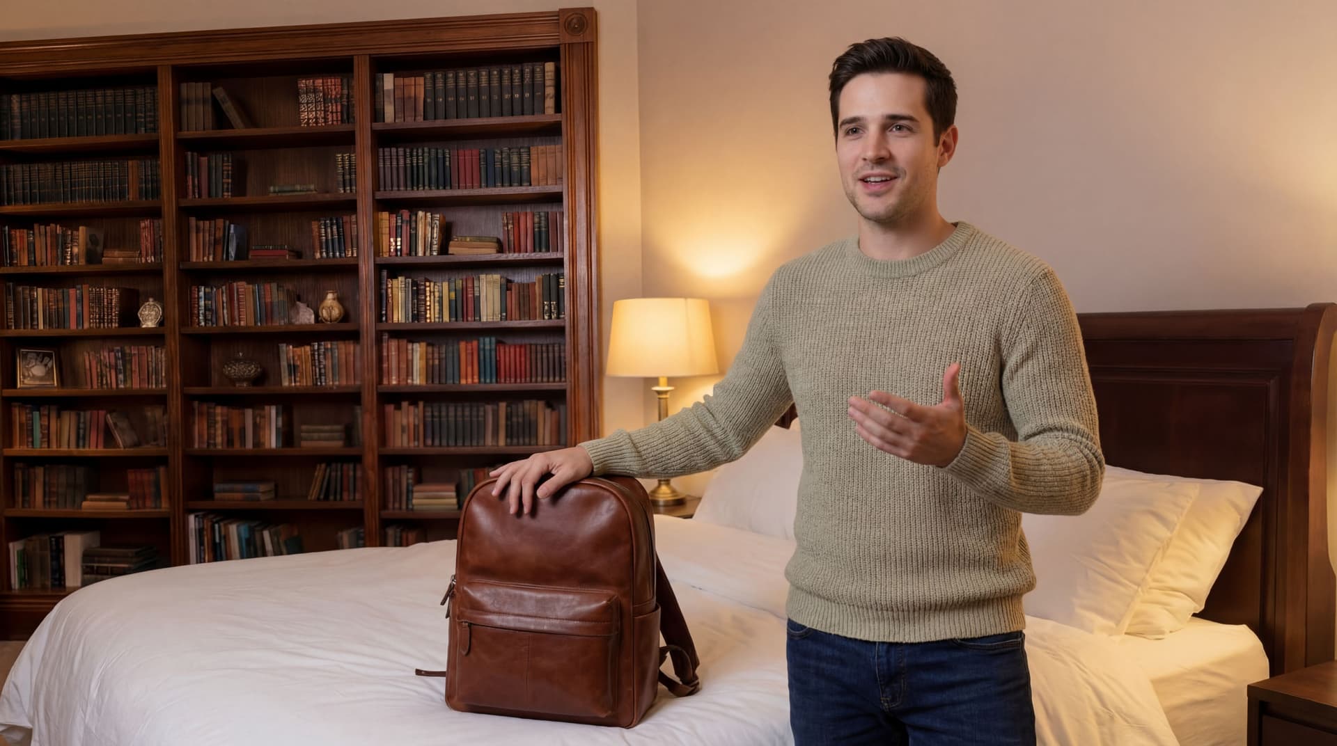 AI generated: The model is standing next to the bed. There is a brown leather back pack on the bed, the model is t...