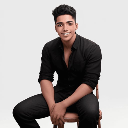AI generated: Hyper realistic eye level exterior photo of a young man with Latino features sitting on a stool, str...