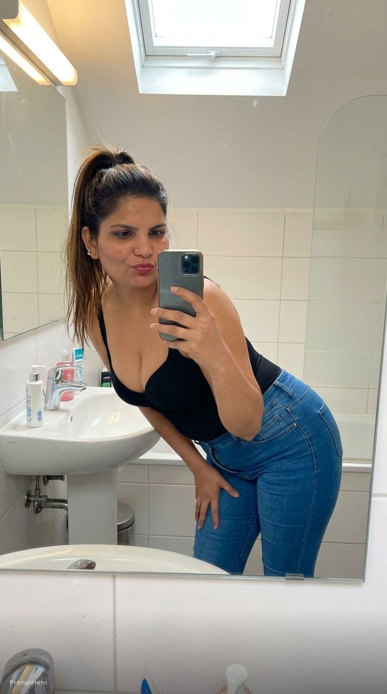 AI generated: Make her wear a décolleté dress and fit formous jeans, ponytail hairstyle, taking a mirrror bathroom...