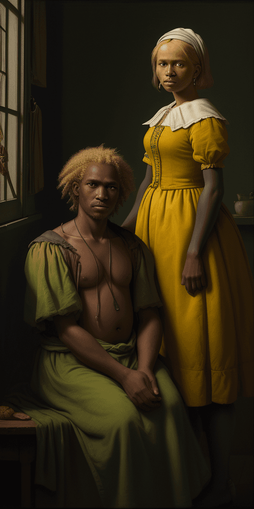 AI generated: Portrait of a blond Dutch man with his arm around an Papuan woman, in the style of dutch realism, li...