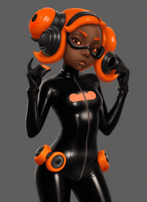 AI generated: Octoling, hypnosis, dark skin, latex, goggle, female, high tech, splatoon, orange