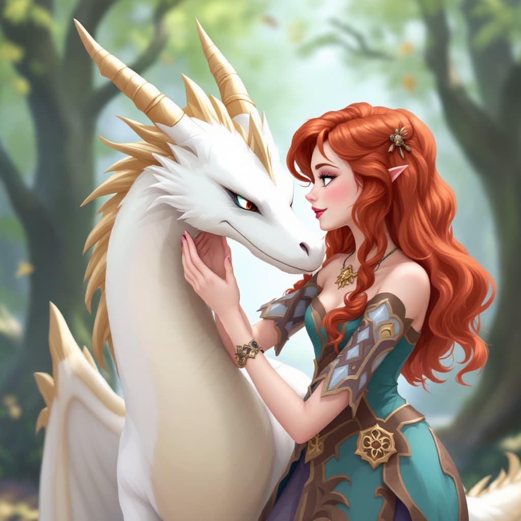 AI generated: An auburn-haired young girl wearing a teal and bronze colored dress pets her white dragon --chaos 40...
