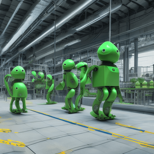 AI generated: Hyper realistic eye level exterior photo of a factory conveyor belt, Green Android robots being asse...