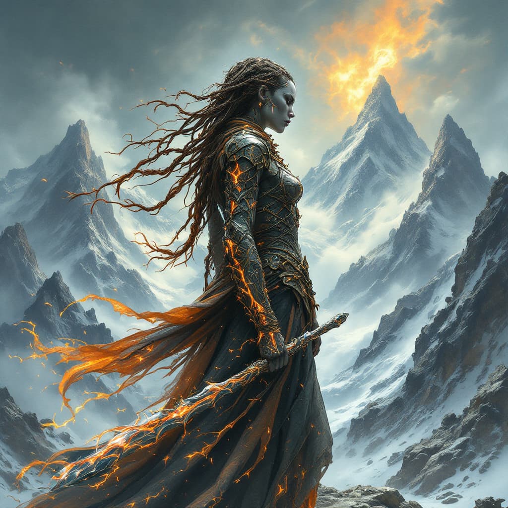 AI generated: A stoic mountain shaper, standing before a shifting mountain range where the very peaks seem to rise...